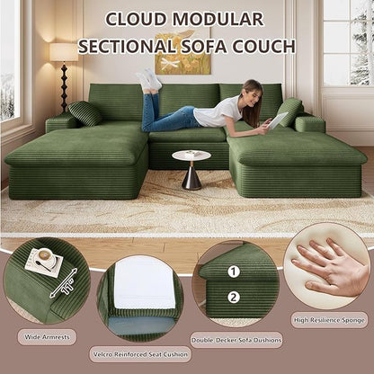 107" Cloud Modular Sectional Sofa with 1 Ottoman, Modern Upholstered Corduroy Couches, Comfort U Shaped Sofa for Living Room, Deep Seat Boneless Couch, No Assembly Required(Green,Left Facing Chaise)
