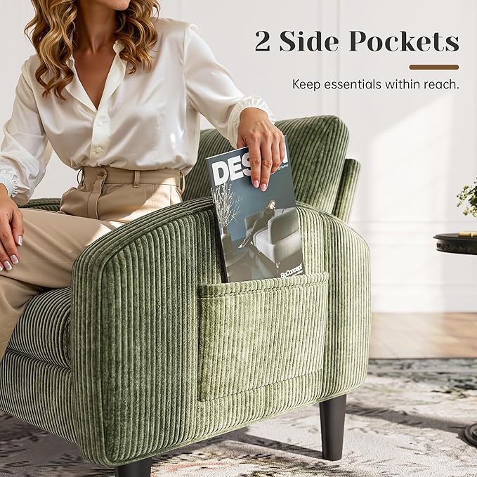 Accent Chair for Living Room,Mid Century Modern Reading Chair for Bedroom,Comfy Armchair with 2 Side Pockets,Upholstered Single Sofa Side Chair for Apartment,Waiting Room,Green