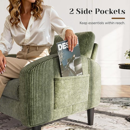 Accent Chair for Living Room,Mid Century Modern Reading Chair for Bedroom,Comfy Armchair with 2 Side Pockets,Upholstered Single Sofa Side Chair for Apartment,Waiting Room,Green