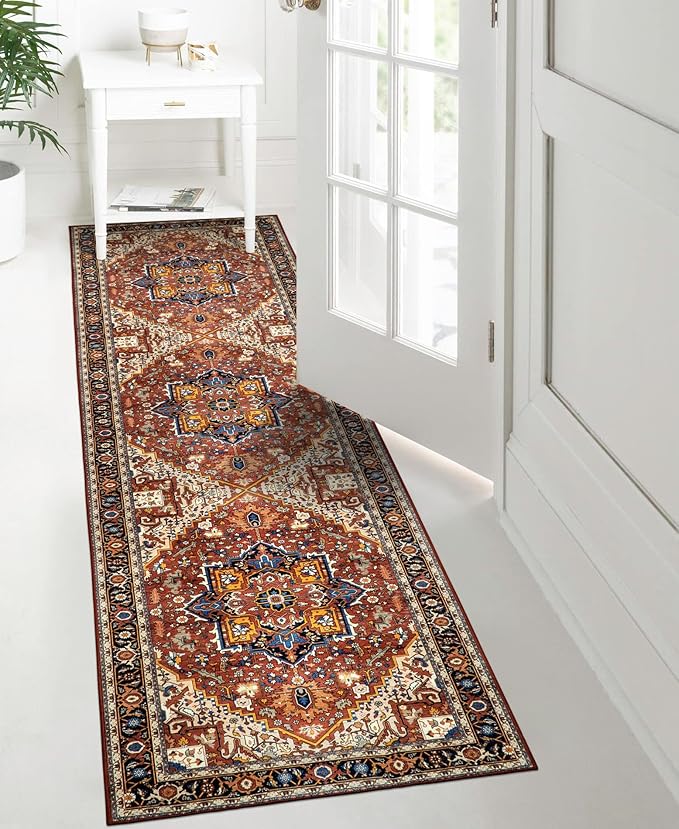Moynesa Ultra-Thin Washable Runner Rug - 2'6"x8 Non-Slip Kitchen Runner, Non-Shedding Stain Resistance Low Pile Bedroom Mat Indoor Accent Carpet Runner for Bathroom Hallway, Brown/Multi