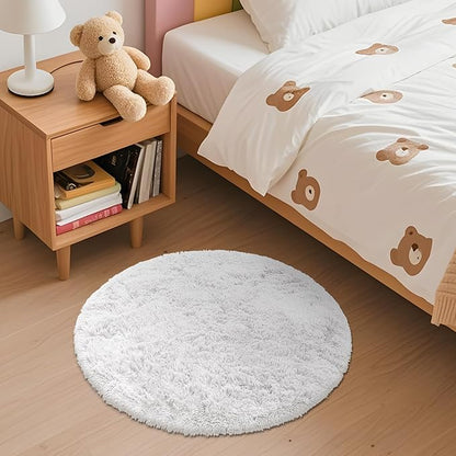 OLANLY White Round Rugs for Bedroom - Machine Washable, 2 ft Circle Area Rugs for Living Room, Soft and Fluffy Shaggy Carpet for Teen Girls and Boys, Nursery Rooms, Dorms, Home Decor Aesthetic
