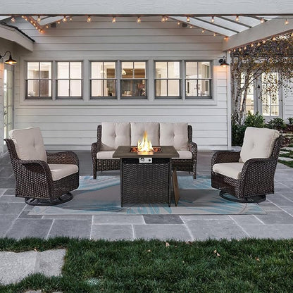 Belord Outdoor Patio Furniture Set with 50000BTU Propane Fire Pit Table, 4 Pieces Wicker Patio Conversation Set with 2 Swivel Rocker Glider Chairs Rattan Sofa Beige Cushion Perfect for Gathering