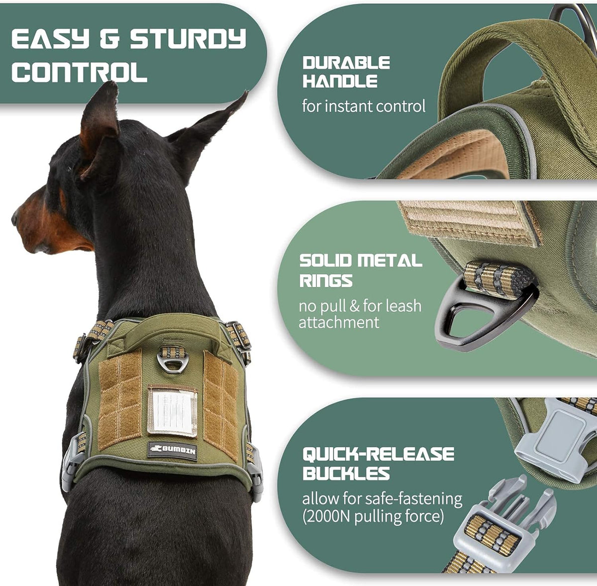 BUMBIN Tactical Dog Harness for Large Dogs, No Pull, Reflective, Green, L(Neck:19-25", Chest:21-35")