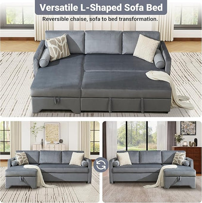 Tbfit 90.6'' 3 in 1 Sleeper Sofa Couch with Storage Chaise, Velvet Sofa Bed with Pull Out Bed, Convertible Sleeper Sofas for Living Room, Small Spaces, Grey