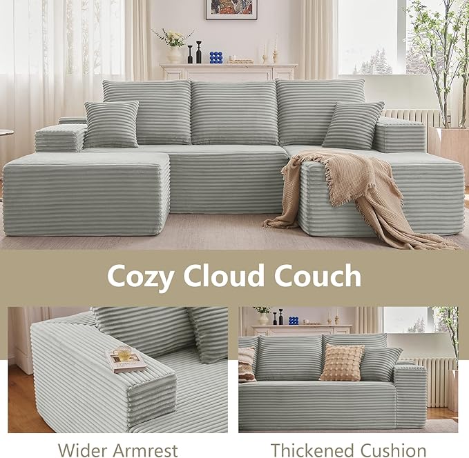 107" U-Shape Cloud Couch, Modern Modular Sectional Comfy L-Shape Sofa with Ottoman, Deep Seat, Upholstered Corduroy Sleeper Chaise Longue for Living Room Bedroom, No Assembly Required, Grey