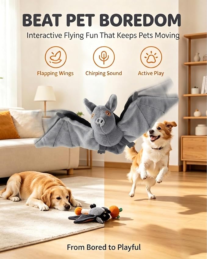 Flying Bat Dog Toy, Interactive Flying Bat Toy for Dogs with Flapping Wings, Chirping Sounds, USB Rechargeable, Touch Activated, Hanging or Floor Toy for Dogs, Puppies and Cats to Reduce Boredom，1PCS