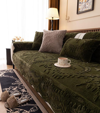 Green Fuzzy Rabbit Plush Sofa Cover Cozy Warm Sofa Couch Covers with 3D Jacquard Leaf Pattern Non-Slip Easy-to-Install Shaggy Sofa Slipcover Prefect for Kids Dogs Cats Cats(Green,36"x102")