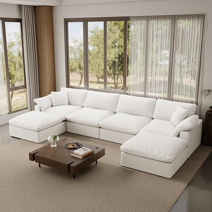 Forest aesthetics Modular Sectional Sofa,Extra Comfty Deep-Seat-Filled Couch, White 6 Seat U Shape Sofas with Movable Ottoman, Modern Couches for Living Room, Apartment, Office,Small Space