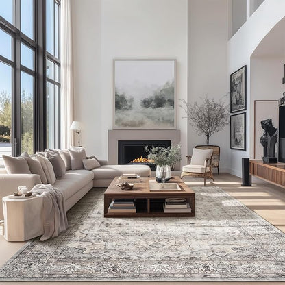 Neutral Grey 9x12 Large Rugs for Living Room Washable Modern Area Rugs Soft Faux Fur Low Pile Non Slip Stain Resistant Vintage Euro Floral Boho Medallion Carpet Rug for Bedroom Dining Room Family Room