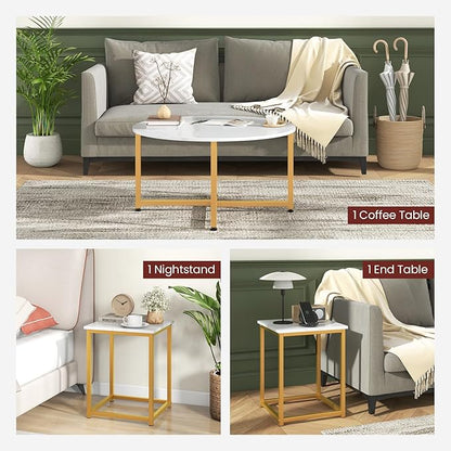 Giantex Round Nesting Table Set of 3, Modern Faux Marble Coffee Table w/2 End Tables, Sturdy Metal Frame, 3-Piece Wooden Living Room Table Set for Home Office, Apartment (White & Gold)