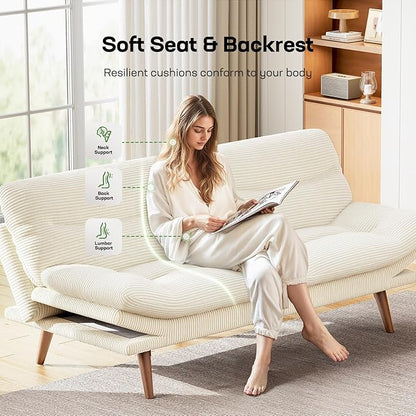 Marsail 75" Futon Sofa Bed, Corduroy Loveseat Futon Couch with Adjustable Backrest & Armrests, Convertible Sleeper Sofa Bed for Apartment, Living Room, Office, White