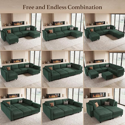 114.2" 8 Seat Modular Sectional Sofa with Deep Storage Seat, Comfy Corduroy Sectional Couch Convertible Modular Sleeper Sofa Couch with Movable Ottoman Chaise, Green