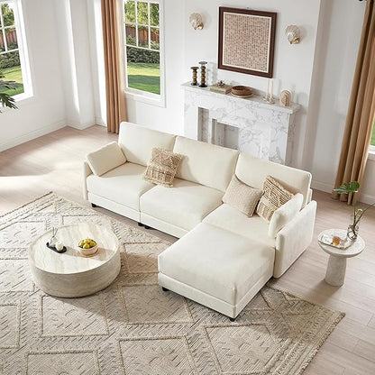CHITA L Shaped Modular Sectional Sofa with Ottoman, Modern Cloud Couch for Living Room and Apartment, 4 Seat Extra Comfty Sofa, Removable Cover, 107 Inch Width, Cream
