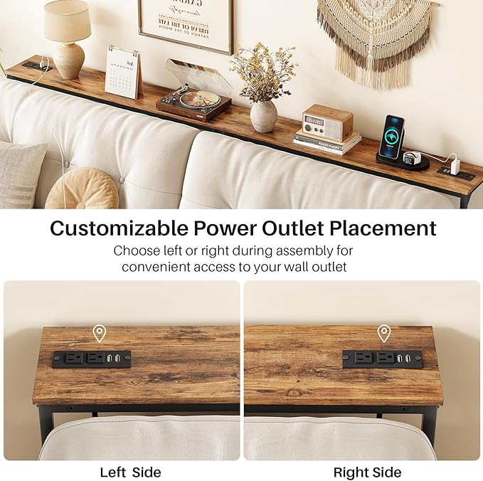 Kitstorack 2-Pack Rustic Brown Console Table, 7.9" Deep Panel, Adjustable Height (25"-33") & Built-in Power Outlets, Behind Sofa Couch, Includes 4.9' Power Cord - 79" L