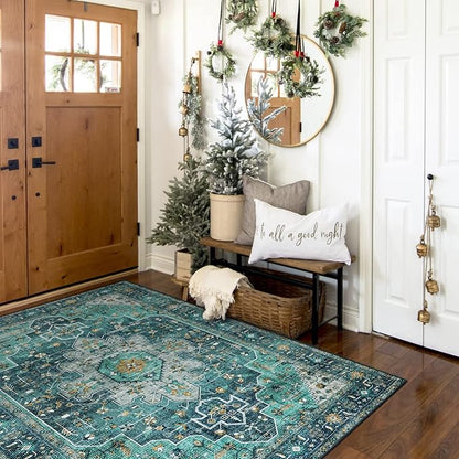 Moynesa Ultra-Thin Washable Area Rug - 4x6 Teal Living Room Rug Oriental Rugs for Bedroom, Non Slip Non Shedding Low Pile Entryway Carpet for Bedroom Dressing Room Office