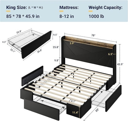 Allewie King Size Velvet Bed Frame with 3 Storage Drawers, Upholstered Platform Bed with Wingback Storage Headboard and USB Ports, No Box Spring Needed, Easy Assembly, Black