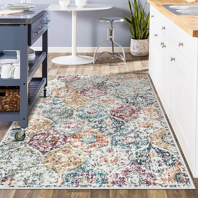 Lahome Moroccan Trellis Washable Small Area Rug, 3x5 Black Rug for Bedroom Living Room, Non-Slip Oriental Accent Throw Carpet for Kitchen Office Entryway Bathroom Office, Aqua/Multi