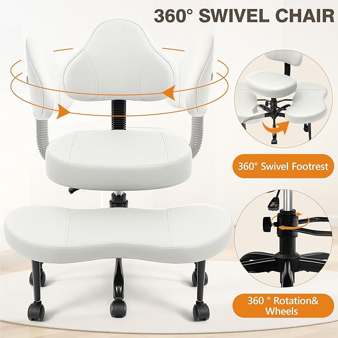 Cross Legged Office Chair, Criss Cross Desk Chair ADHD Meditation Kneeling Yoga Seat with Adjustable Height, Lumbar Support, Wider Footrest and Wheels (White)