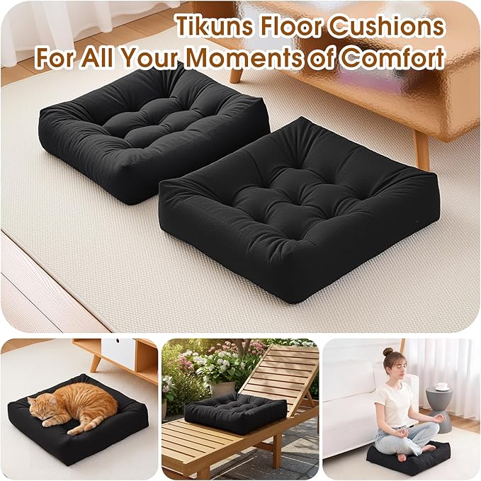 Tikuns Floor Pillows for Adults, 22 * 22 Inch Inch Meditation Cushions, Large Square Sitting Cushion Living Room Memory Foam Pillow for Sitting (1, Black, 22x22x4 Inch)