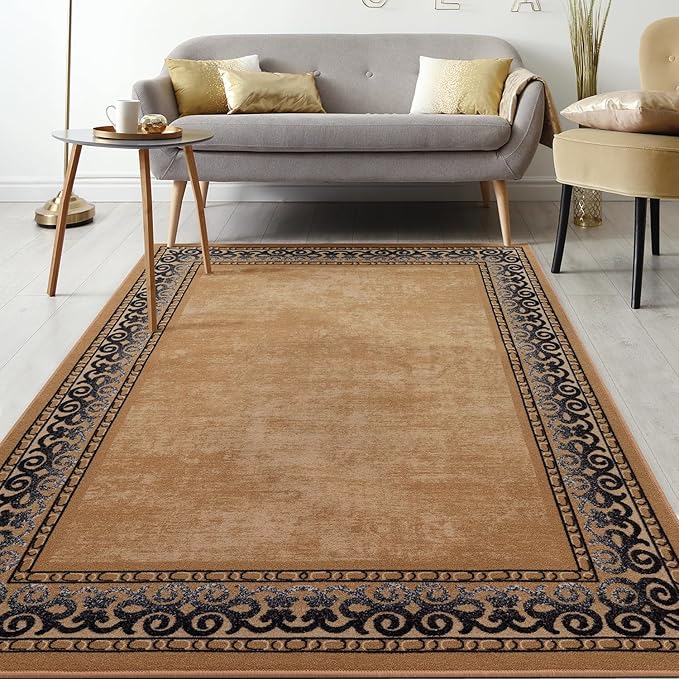 Antep Rugs Alfombras Bordered Modern 3x5 Non-Slip (Non-Skid) Low Pile Rubber Backing Indoor Area Rug (Gold Brown, 3' x 5')