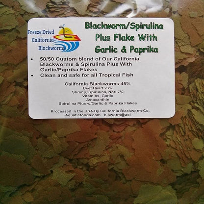 Aquatic Foods Inc. 45% California Blackworm & Spirulina with Garlic, Paprika Flake Mix for Discus, Cichlids, Tetras, Guppies, Live Bearers, Pond Fish, All Tropical Fish Premium AF Flakes - 1/8-lb
