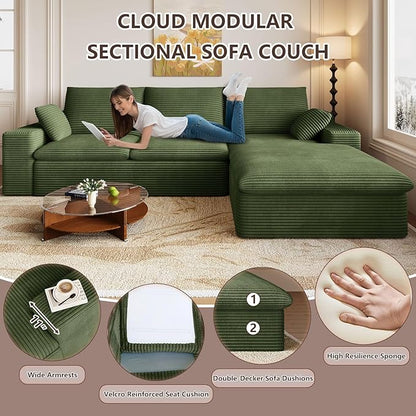 Cloud Sectional Couch,107 Inch Modular Sectional Sofa with Deep Seat, Modern Corduroy Boneless Couches with L-Shape Chaise for Living Room Bedroom, No Assembly Required (Green, Right Facing Chaise)