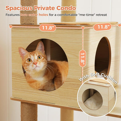 71" Tall Wood Cat Tree for Large Cats, Modern Cat Tower with 2 Acrylic Bowls, Large Top Perch, Spacious Cat Cave (Soft Cushion Included), 10 Sisal Scratching Posts and Non-Slip Jump Platforms