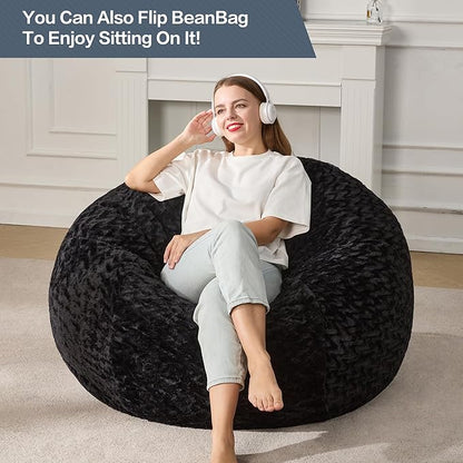 Hobestluk 4ft Bean Bag Chairs for Adults Large Beanbag Chair with Chevron Plush Fur Cover Big Bean Bag Chair for Living Room Bedroom Dorm Office - Black (44” x 44” x 24”)