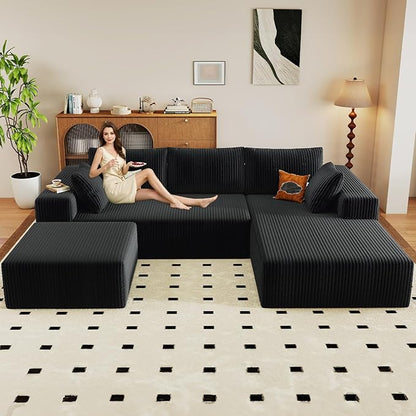 96" U-Shape Cloud Couch, Modern Modular Sectional L-Shape Sofa with Ottoman, Corduroy Upholstered Couches Deep Seat Sleeper Chaise Longue for Living Room, No Assembly Required(Black, Right Facing)
