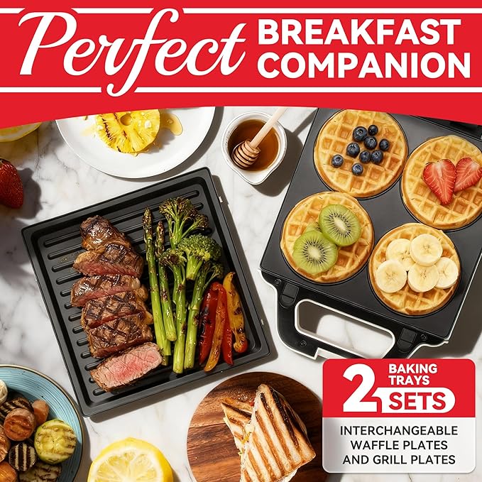 2 in 1 Mini Waffle Maker with Removable Plates, Panini Press Sandwich Maker