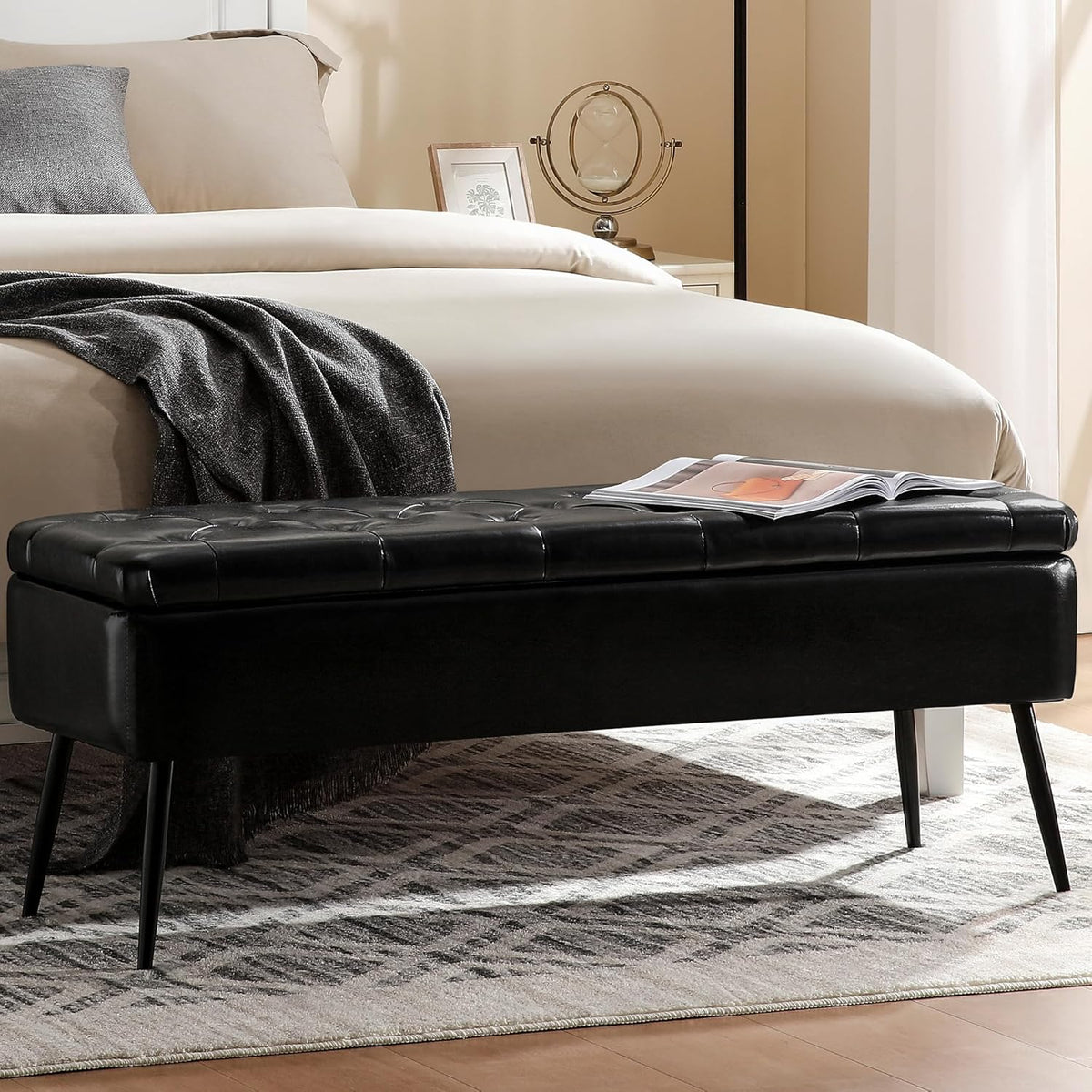 Leather Storage Ottoman Bench,End of Bed Bench for Living Room Bedroom Dinning Room Entryway,Mid-Century Modern,Faux Leather,with Steel Legs,Safety Hinges, Loads 660 lb (with Button, Black)