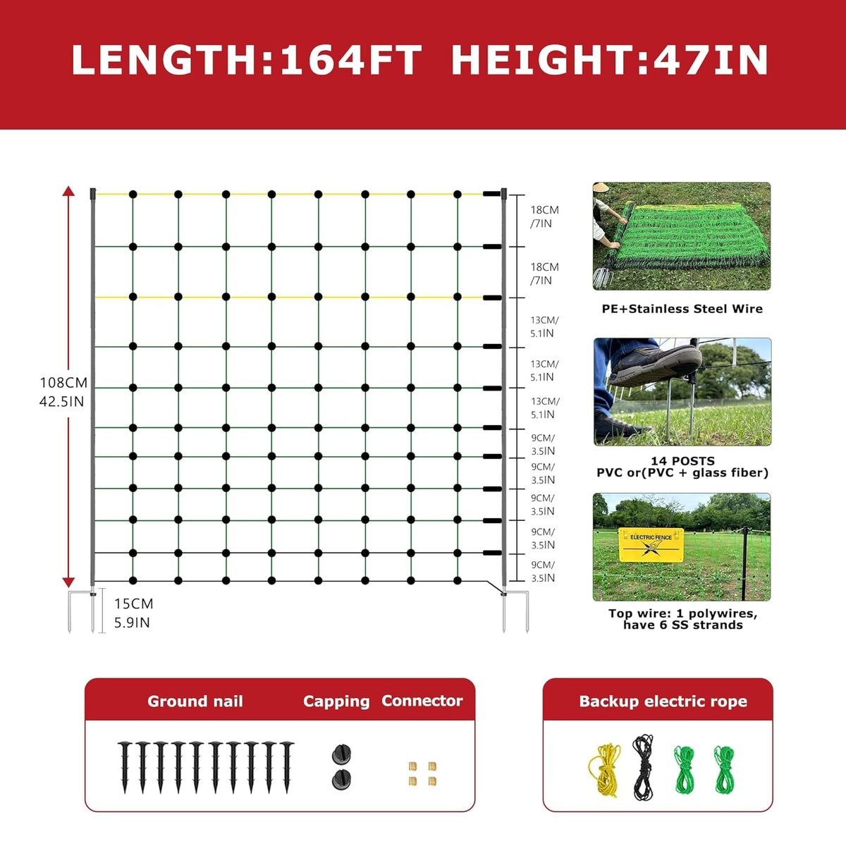 Electric Fence Netting, 164'L x 47.2" H Electric Chicken Fence Kit for Livestock, Farms, Backyards, Garden, Assembled Double Spiked Portable Electric Poultry Farm Fence