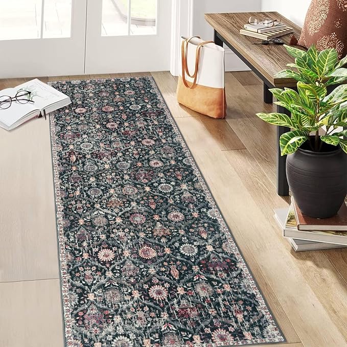 Lahome Moroccan Hallway Rug, 2'5''x8' Kitchen Runner Rugs Non Skid Washable Runners for Hallways, Ultra-Thin Oriental Carpet for Entryway Laundry Room Bedroom Bathroom, Black/Multi