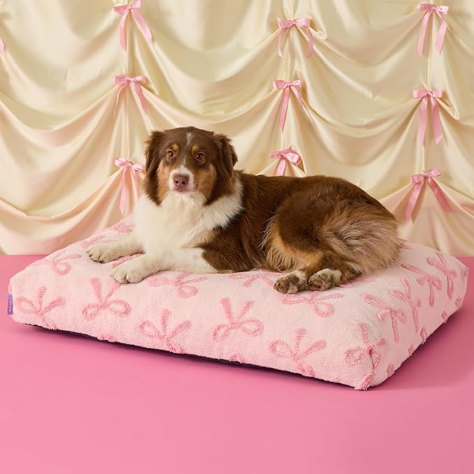 LE SURE Cute Aesthetic Dog Beds Large Sized Dog,Thick Pet Pillow 36x27 | Shredded Chopped Foam, Jacquard Modern Plush Crate Cushion Gift Idea, Waterproof Washable Cover, Nonslip Bottom, Bow Pink