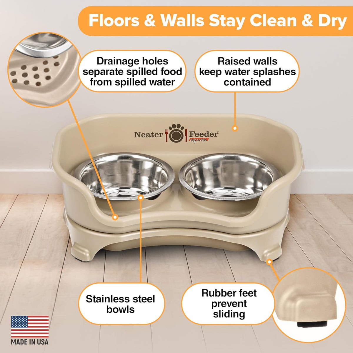 Neater Feeder Express Mess Proof Cat Bowls Elevated, No Spill Feeding Station, Stainless Steel Dishes for Food and Water, Raised Bowls for Indoor Cats, No Fatigue Whisker Friendly Dish, Almond