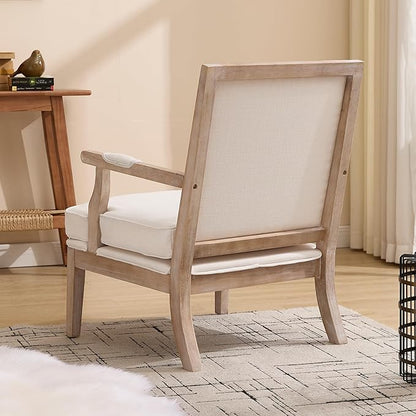 DM Furniture Mid Century Modern Accent Chair Upholstered Living Room Chairs with Armrest Linen Fabric Comfy Lounge Armchair Retro Solid Wood Reading Chair for Bedroom, Guest Room, Balcony, Beige