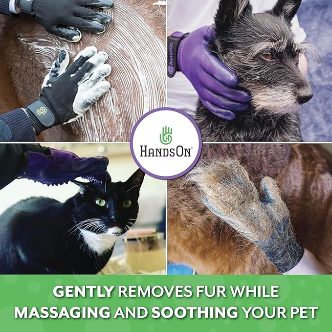H HANDSON Pet Grooming Gloves - Patented #1 Ranked, Award Winning Shedding, Bathing, & Hair Remover Gloves - Gentle Brush for Cats, Dogs, and Horses (Purple, X-Large)