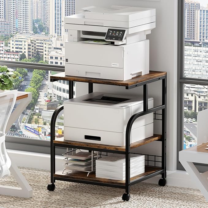 Lerliuo Large Printer Stand with Storage, 23.6"W x 18.9"D x 30.2"H, 5-Adjustable Shelf Heights Mobile 3 Tier Table with Lockable Wheels, Industrial Rolling Printer Cart, Brown Stands for Home Office