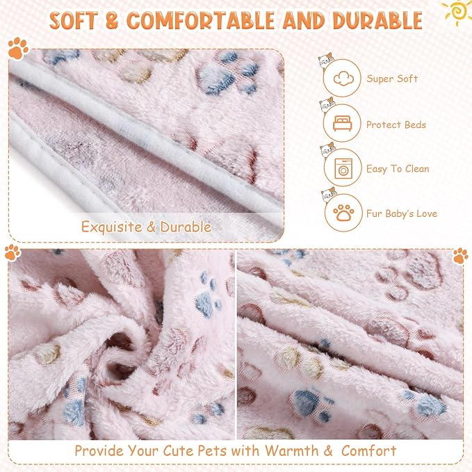 Tatuo 4 Pack Fleece Dog Blankets for Puppy Cats Multi-Size Sleep Mat for Pet Guinea Pig Soft Washable Warm Crate Bed Puppy Teething Toys Print Pattern Blanket Indoor(Beige,30 x 20.5 Inch,Paw)