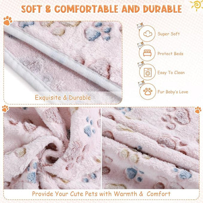 Tatuo 4 Pack Fleece Dog Blankets for Puppy Cats Multi-Size Sleep Mat for Pet Guinea Pig Soft Washable Warm Crate Bed Puppy Teething Toys Print Pattern Blanket Indoor(Beige,30 x 20.5 Inch,Paw)