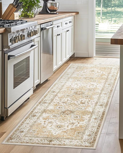AMADA HOMEFURNISHING 2x5 Washable Runner Rug, Low-Profile Kitchen Rugs with Non-Slip Backing & Durable Edge Binding, Vintage Entryway Runner Rug for Bedroom & Hallway