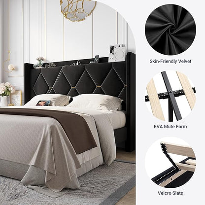 Allewie Velvet Full Size Upholstered Bed Frame with Wingback Storage Headboard & Charging Station, Platform Bed with Diamond Tufted Design & Gold Trim, No Box Spring Needed, Easy Assembly, Black