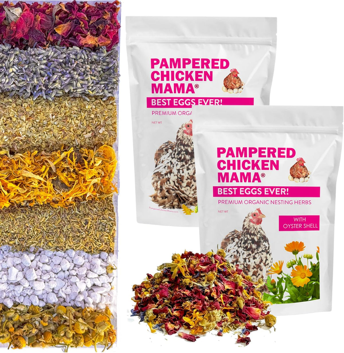 Pampered Chicken Mama Best Eggs Ever! Nesting Herbs for Chickens (2 Pounds Total) for Chicken Nesting Boxes Calcium Supplement for Chickens | Chicken Feed Supplies, Hen Treats for Coops (2 Bags)