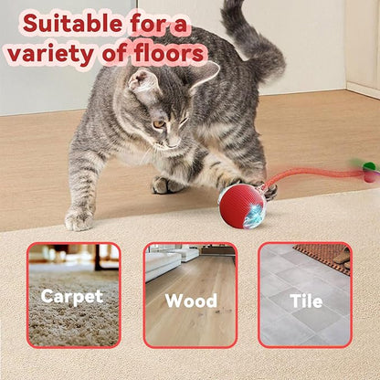 Interactive Cat Toys for Indoor Cats, Automatic Cat Toy with Elastic Mesh Tail, Electric Rolling Ball on Carpet, Chirping and Motion Activate Cat (Yellow)