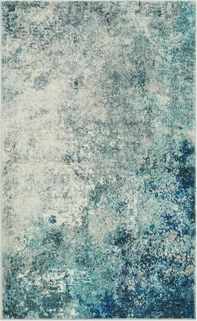 Lahome Modern Abstract Area Rugs 3x5 Washable Rug, Throw Rugs for Entryway Low Pile Anti Slip, Stain Resistance Accent Carpet for Bedroom Kitchen Bathroom Laundry Front Door, Blue/Grey