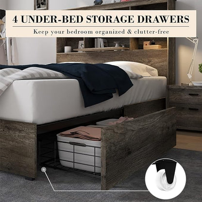 AMERLIFE Queen Size Bed Frame Wooden Platform Bed with 51.2" LED Storage Bookcase Headboard, 4 Storage Drawers & Charging Station/No Box Spring Needed/Noise Free/Rustic Grey