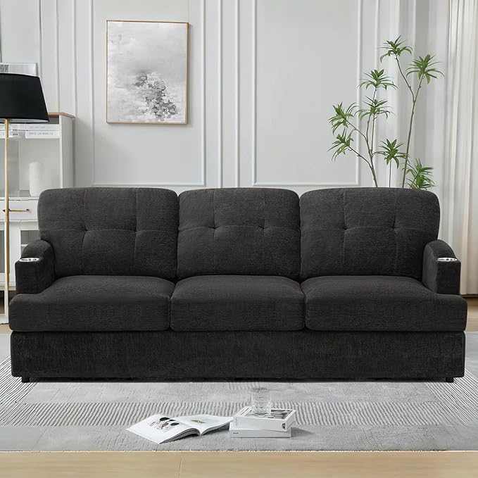 89" Chenille 3 Seats Sofa with Built-in Cup Holder, Tufted Modern Couch with Thickened Seat Cushions, Soft Upholstered Sofa with Deep Seating Space for Living Room, Apartment, Dark Grey