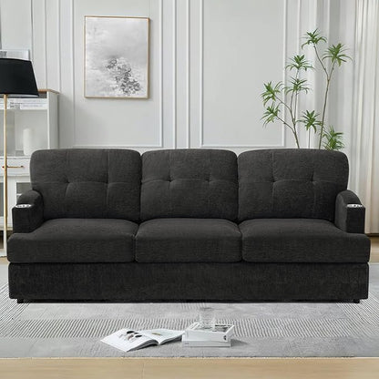 89" Chenille 3 Seats Sofa with Built-in Cup Holder, Tufted Modern Couch with Thickened Seat Cushions, Soft Upholstered Sofa with Deep Seating Space for Living Room, Apartment, Dark Grey