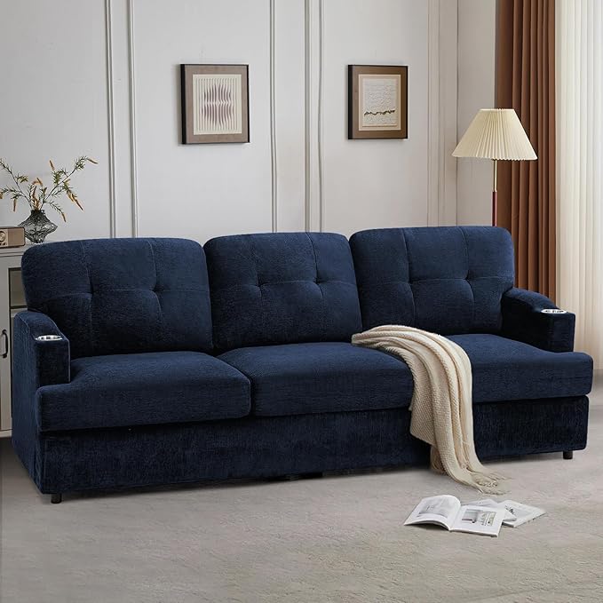 89" Chenille Modern Sofa with Cup Holder, Tufted Upholstered Couch with Thickened Cushions, Comfy 3 Seater Sofa with Deeper Seat for Living Room, Apartment,Blue
