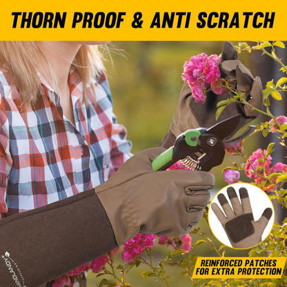 HANDLANDY Long Gardening Gloves for Men & Women, Cowhide Leather Rose Pruning Gloves- Breathable & Durable Gauntlet Glove (Large, Brown)